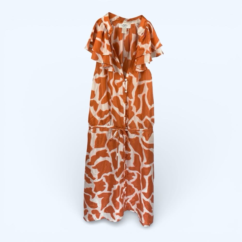 Ann Taylor Loft Silk Sleeveless Ruflles Giraffe Print Dress Orange Coral size 2